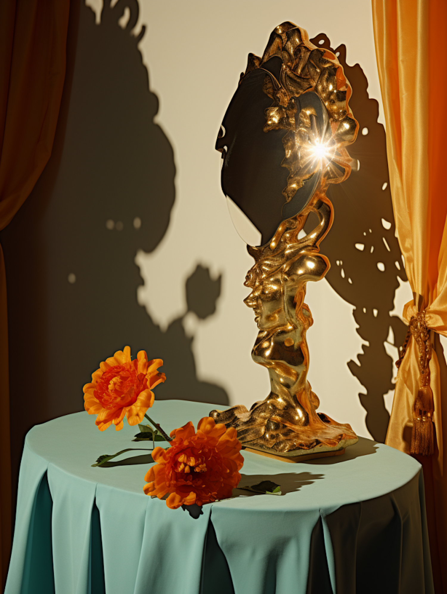 Golden Nouveau Sculpture with Orange Accents