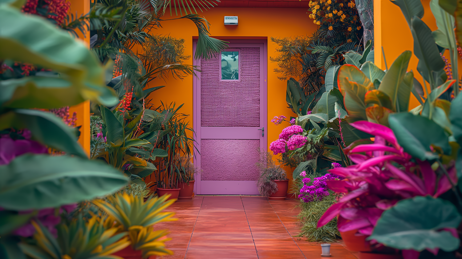 Vibrant Orange Wall and Purple Door with Tropical Foliage