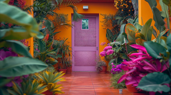 Vibrant Orange Wall and Purple Door with Tropical Foliage
