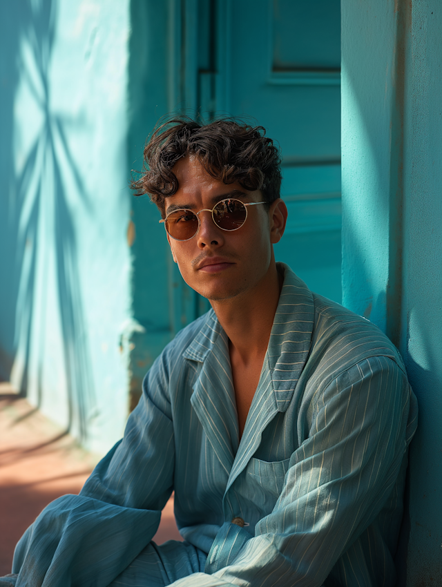 Casually Fashionable Man with Reflective Sunglasses Leaning Against Teal Wall