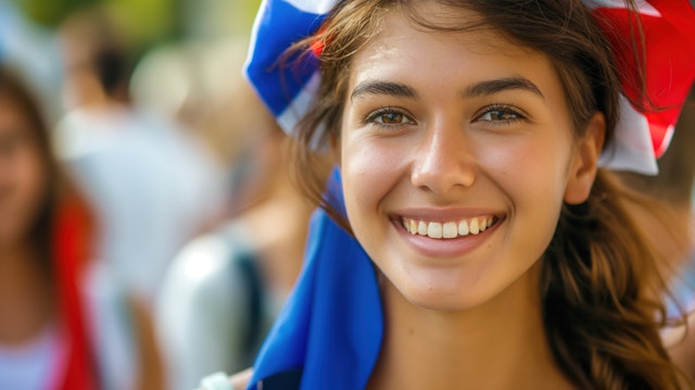 Joyful Young Woman Wearing French Flag Hat