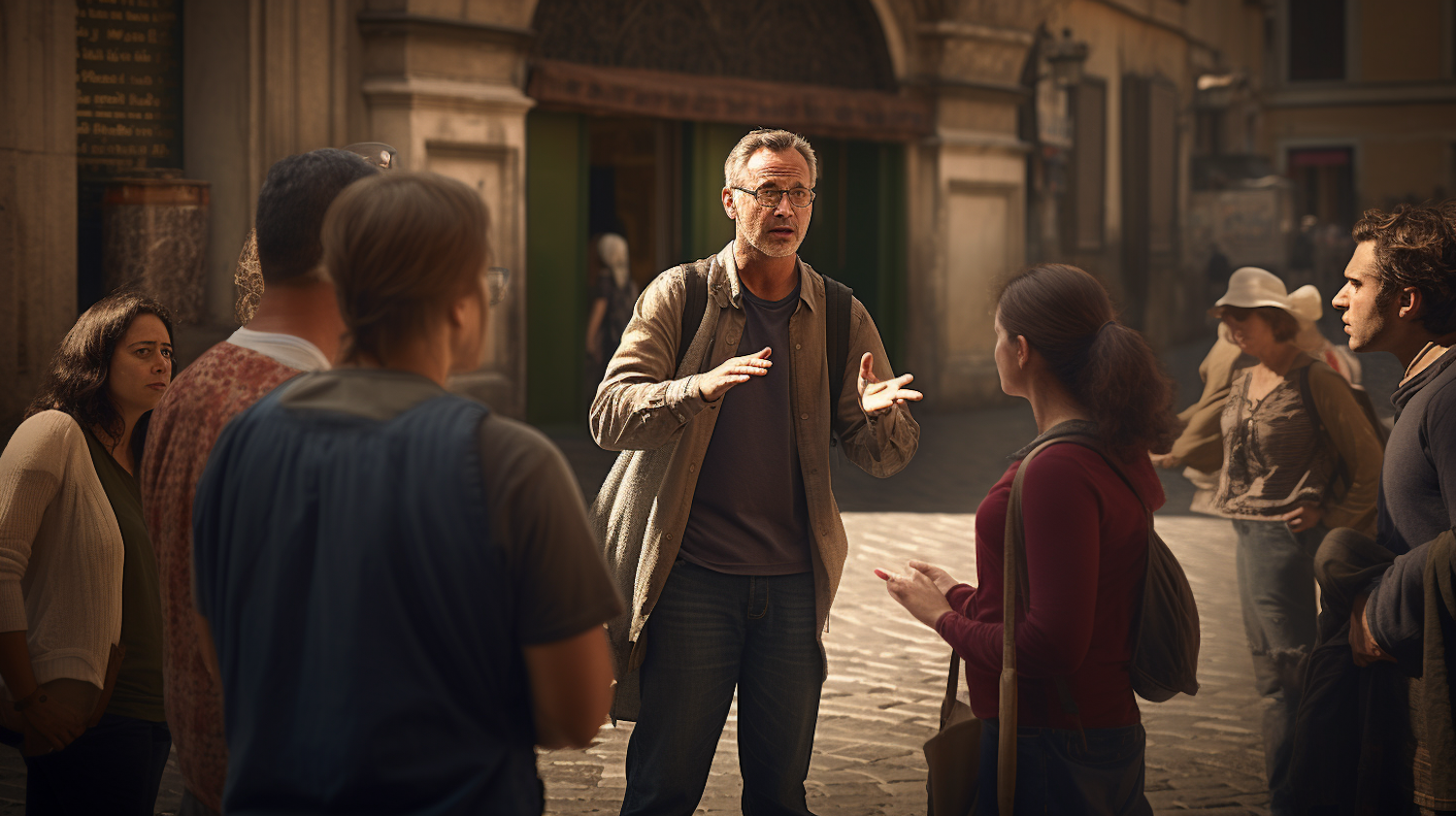 Enthusiastic Storyteller in Urban Daylight