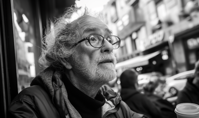 Thoughtful Elder in Urban Cafe