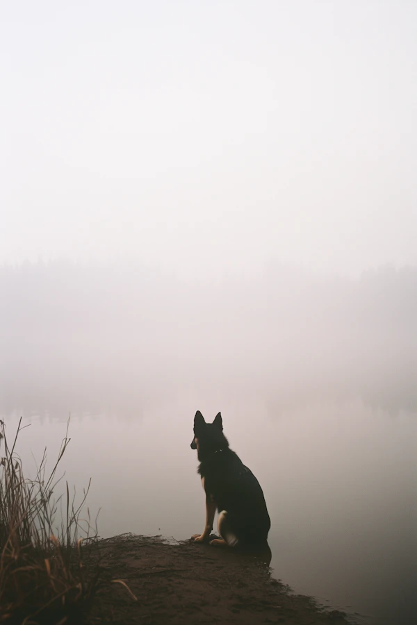 Solitary Dog by Misty Lake