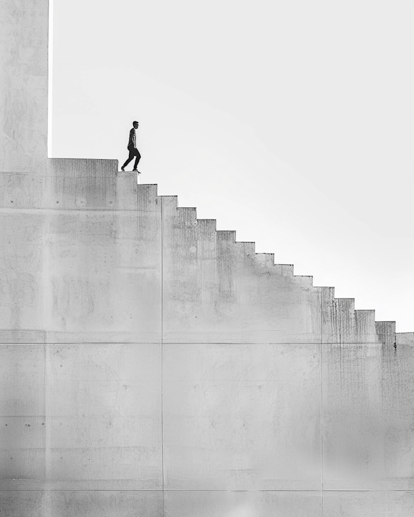 Man Descending a Minimalist Concrete Staircase