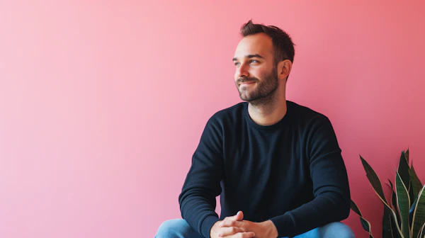 Contemplative Young Man in Pink