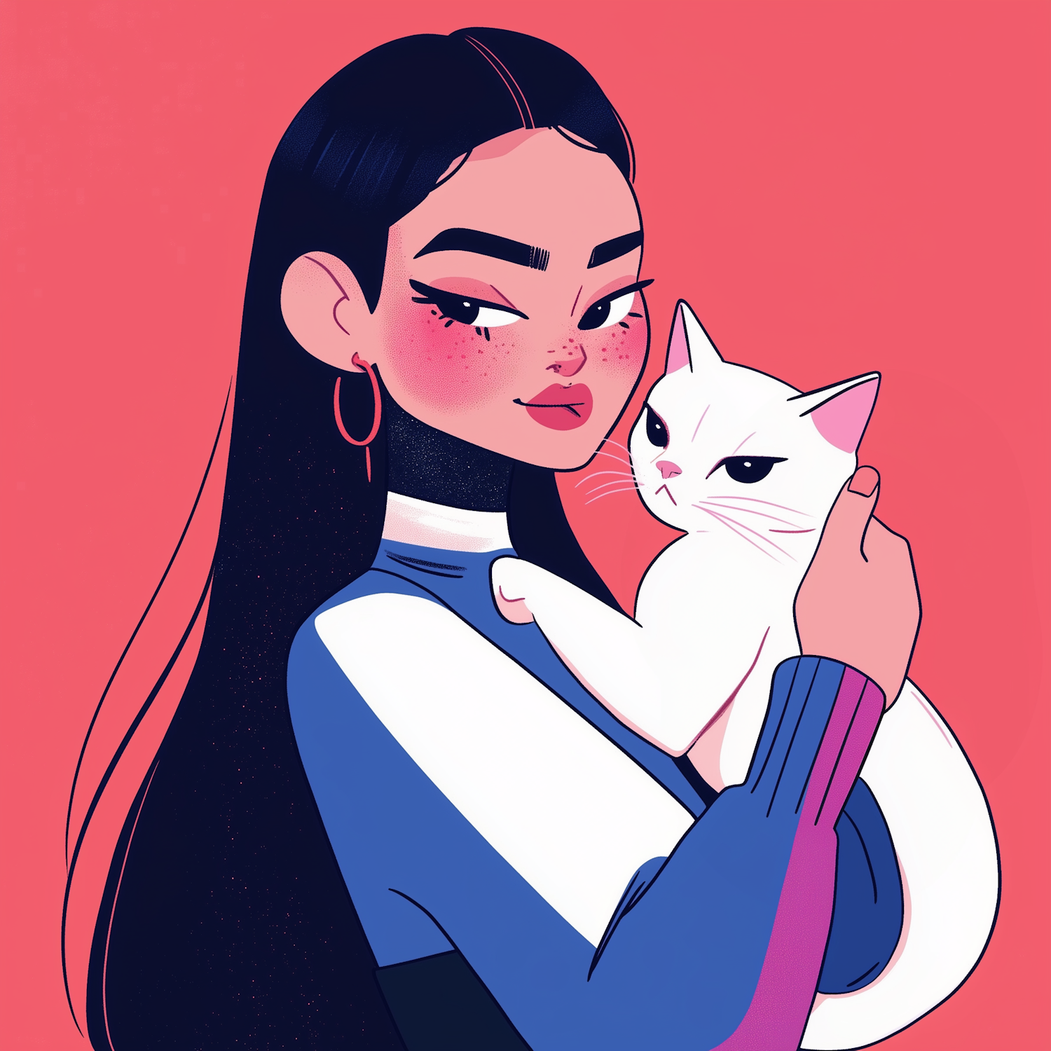 Serene Woman with White Cat Illustration