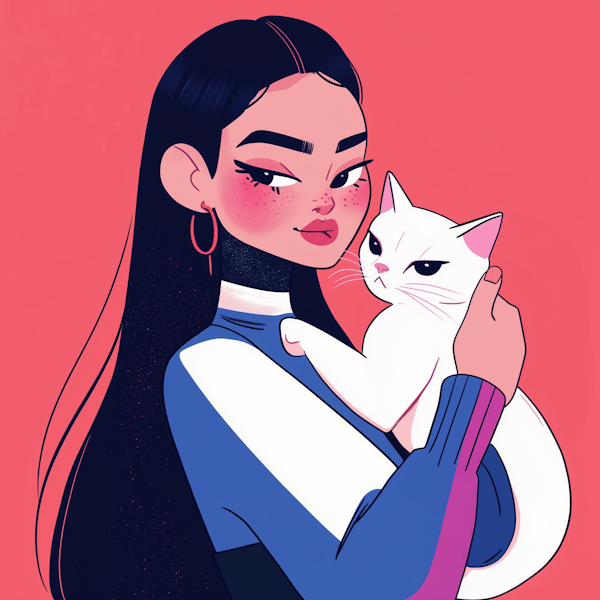 Serene Woman with White Cat Illustration