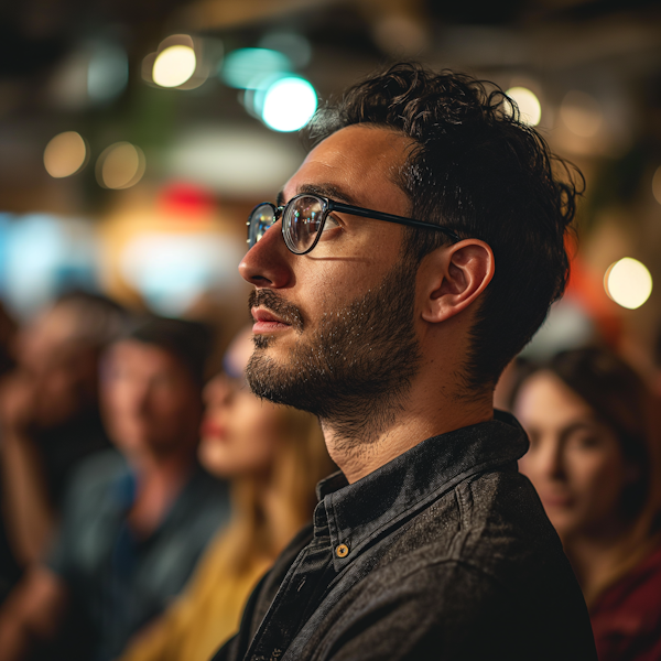 Contemplative Man with Glasses in Ambient Crowd