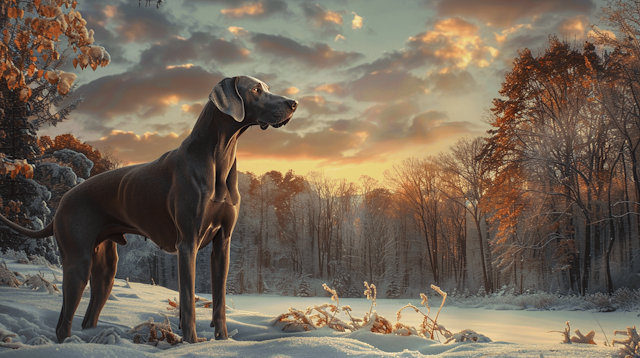 Majestic Dog in Snowy Sunset Landscape