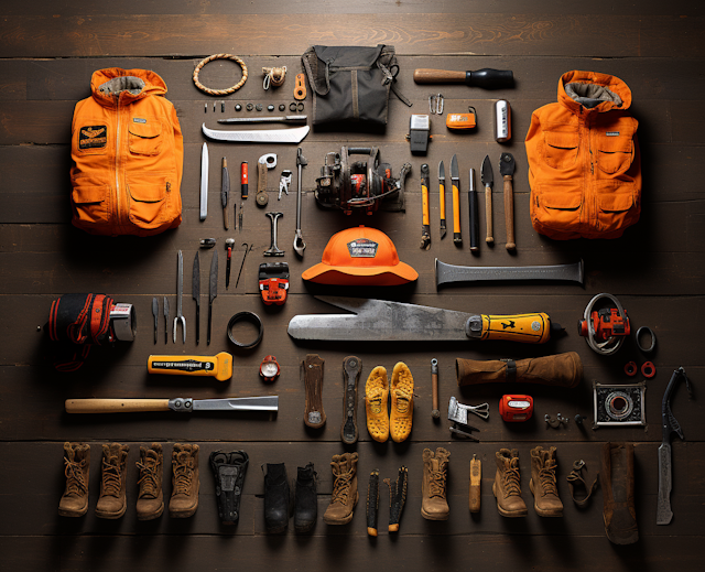 Organized Survival and Work Gear with Orange Accents on Dark Wood