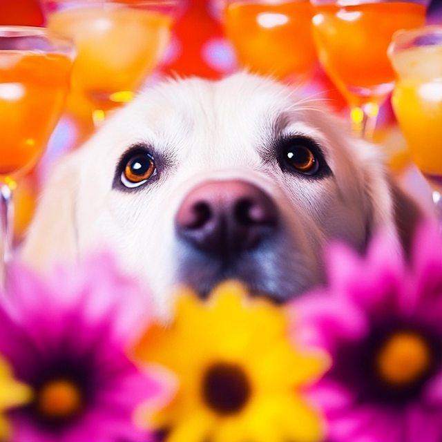 Curious Dog with Vibrant Flowers