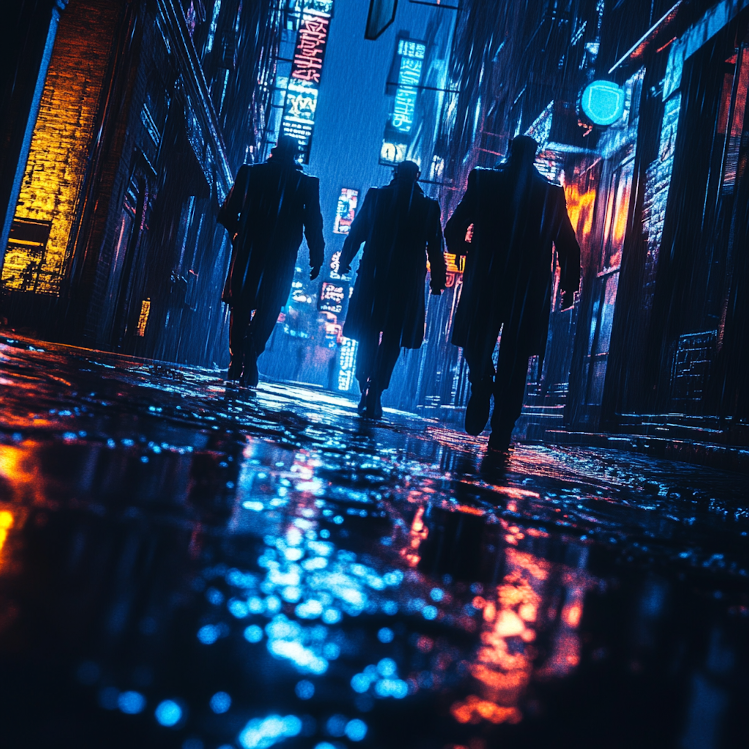 Silhouetted Figures in Neon Alley