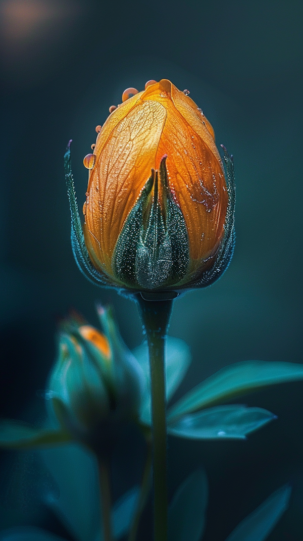 Delicate Orange Flower Bud with Water Droplets