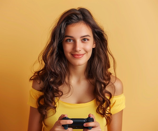 Smiling Young Woman with Game Controller