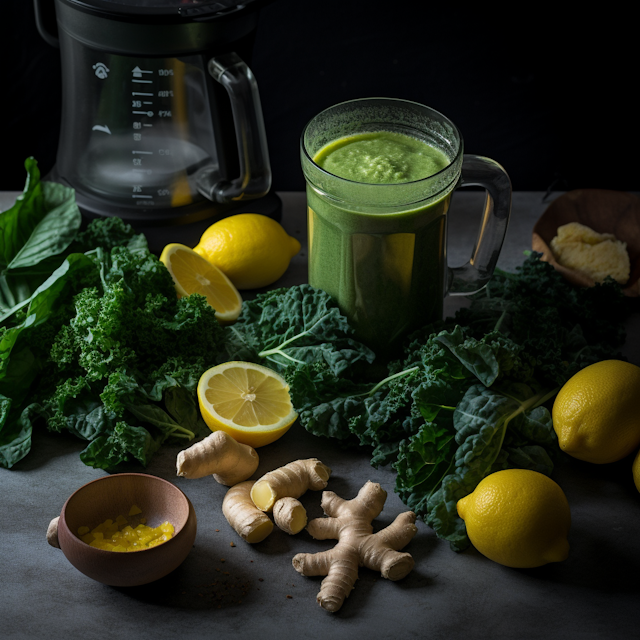 Green Smoothie with Fresh Greens, Lemon, and Ginger Root