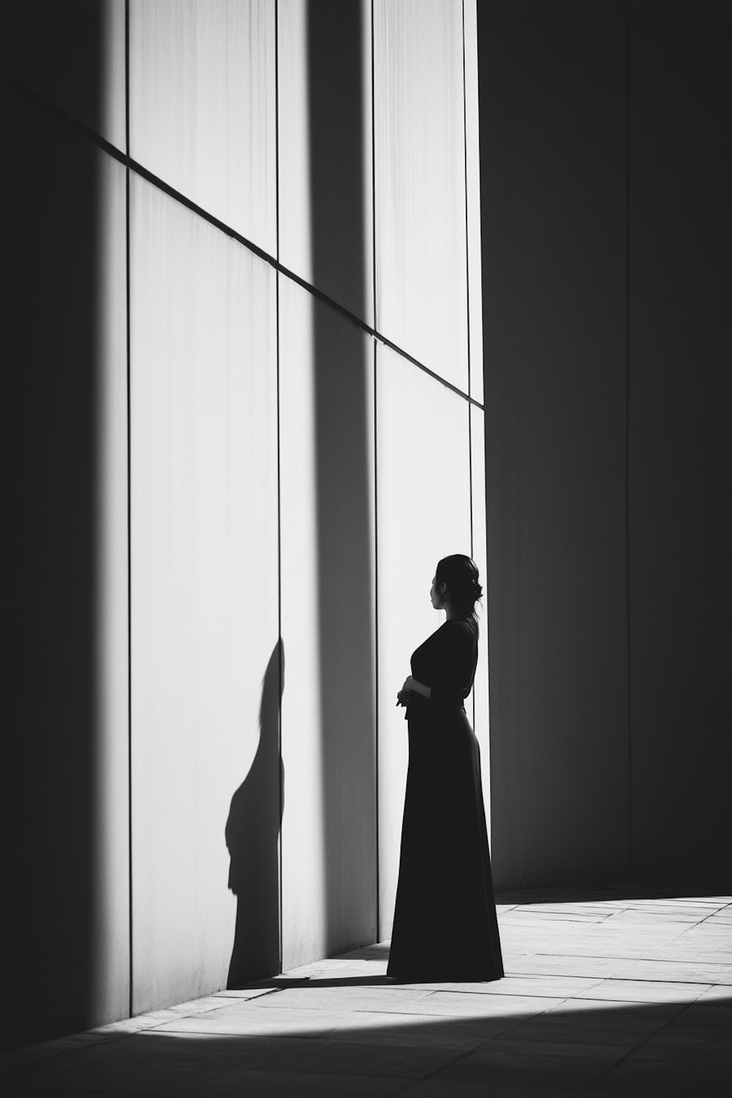 Silhouetted Woman Against Illuminated Wall