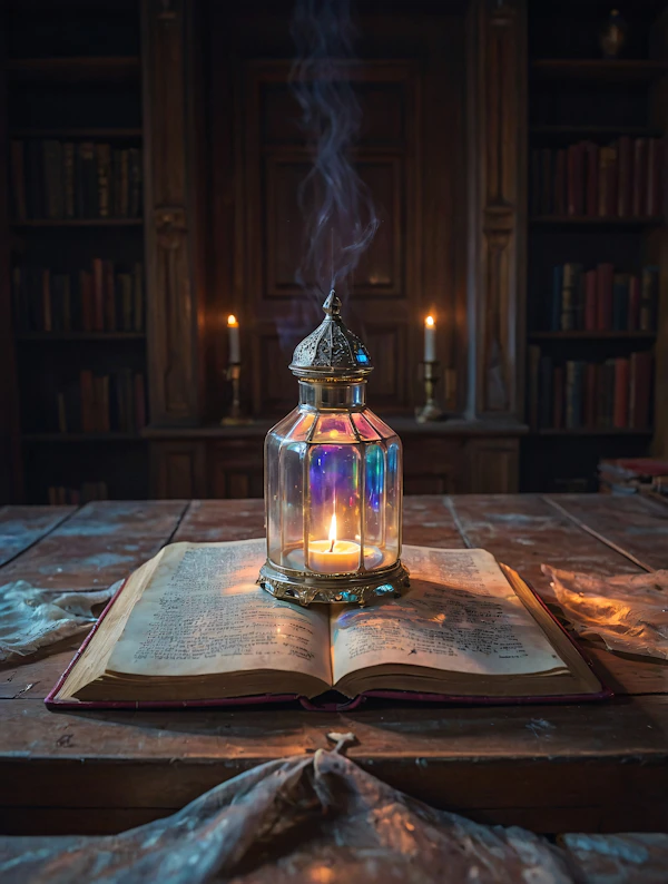 Mystical Book and Lantern Scene