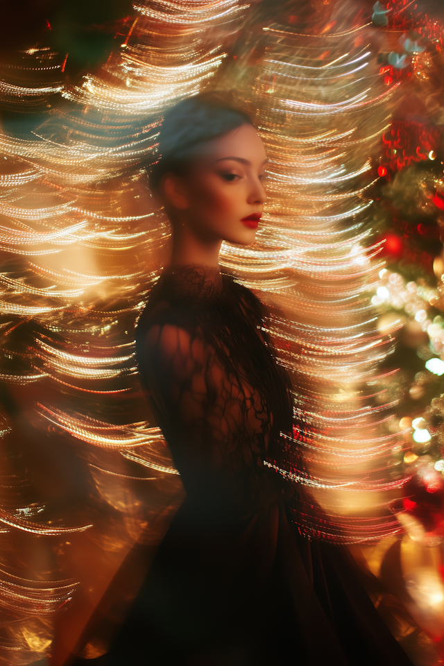 Elegant Woman Amidst Golden Lights