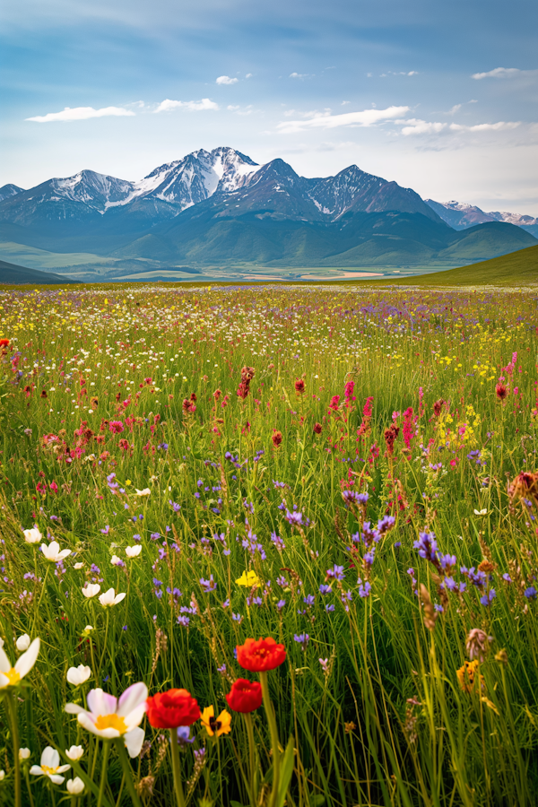 Vibrant Wildflower Meadow and Mountain Range