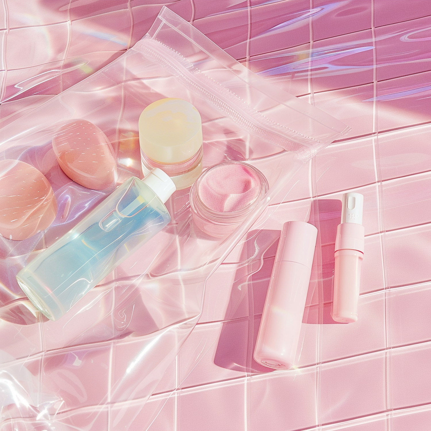 Cosmetic Products on Pink Tiles