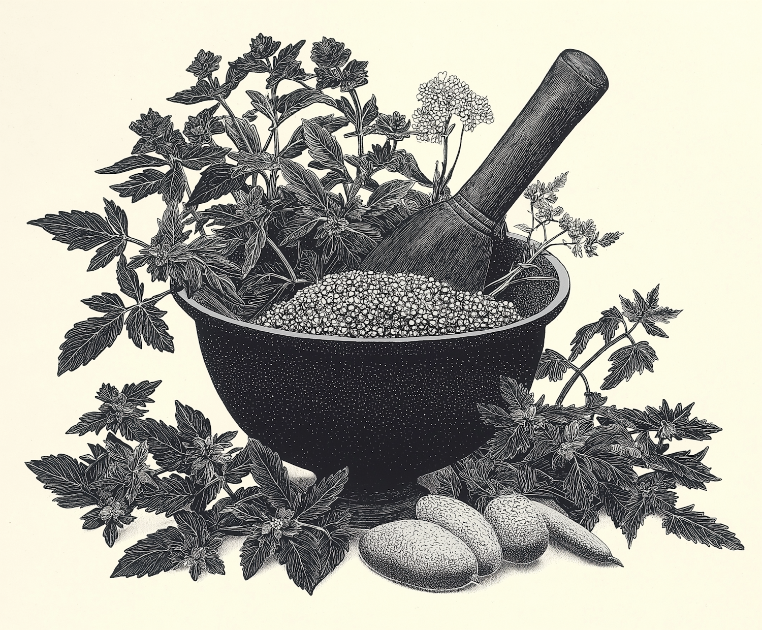 Black and White Illustration of Mortar and Pestle with Herbs