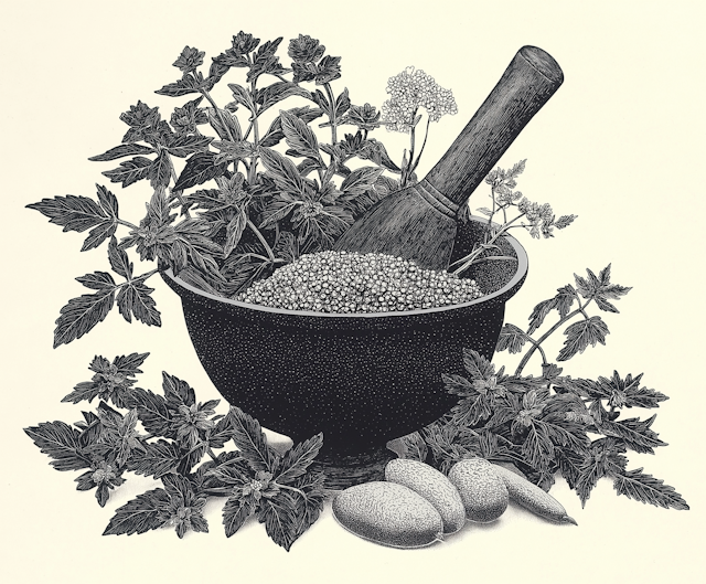 Black and White Illustration of Mortar and Pestle with Herbs