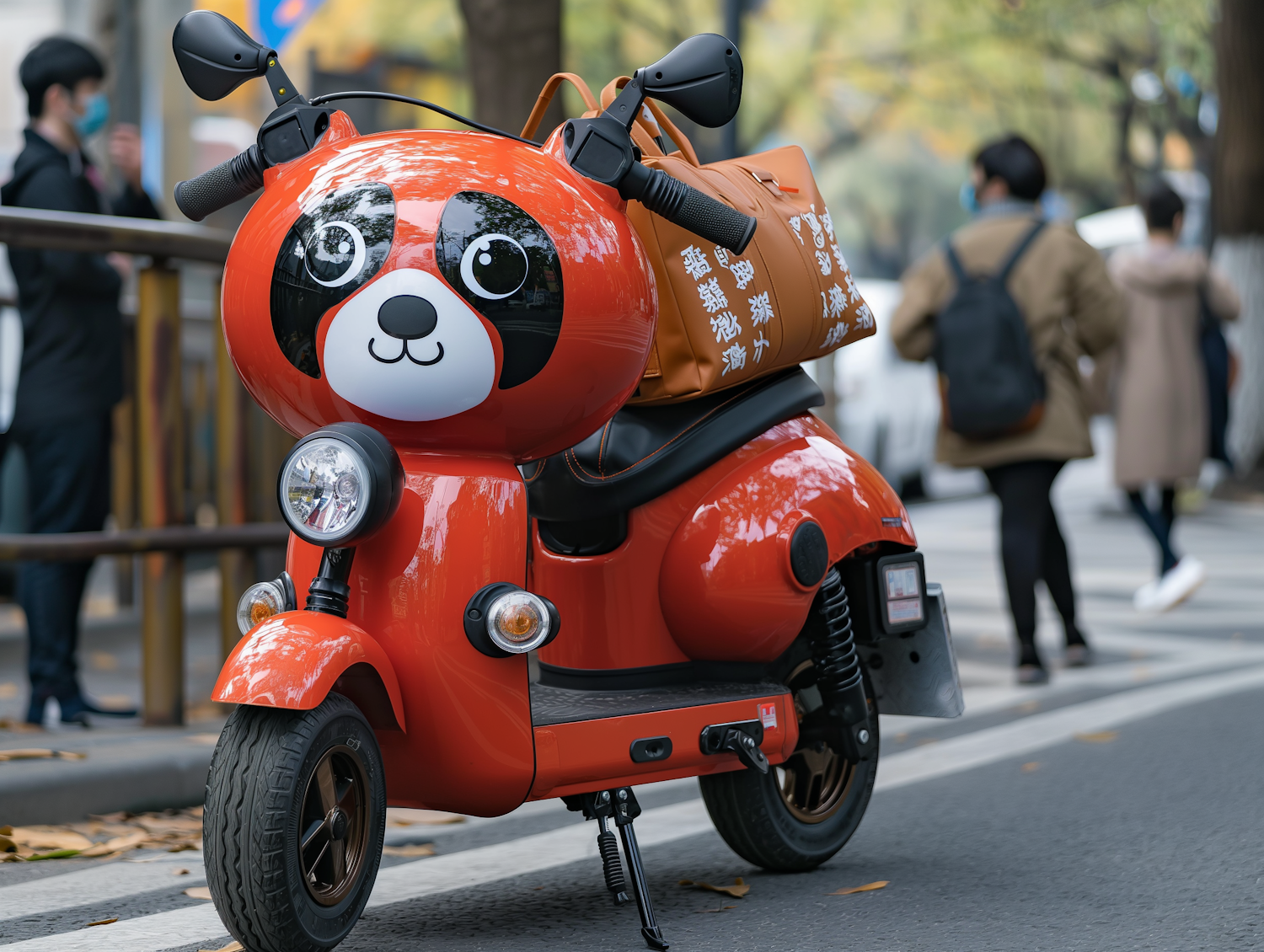 Panda-Styled Red Scooter in Urban Setting