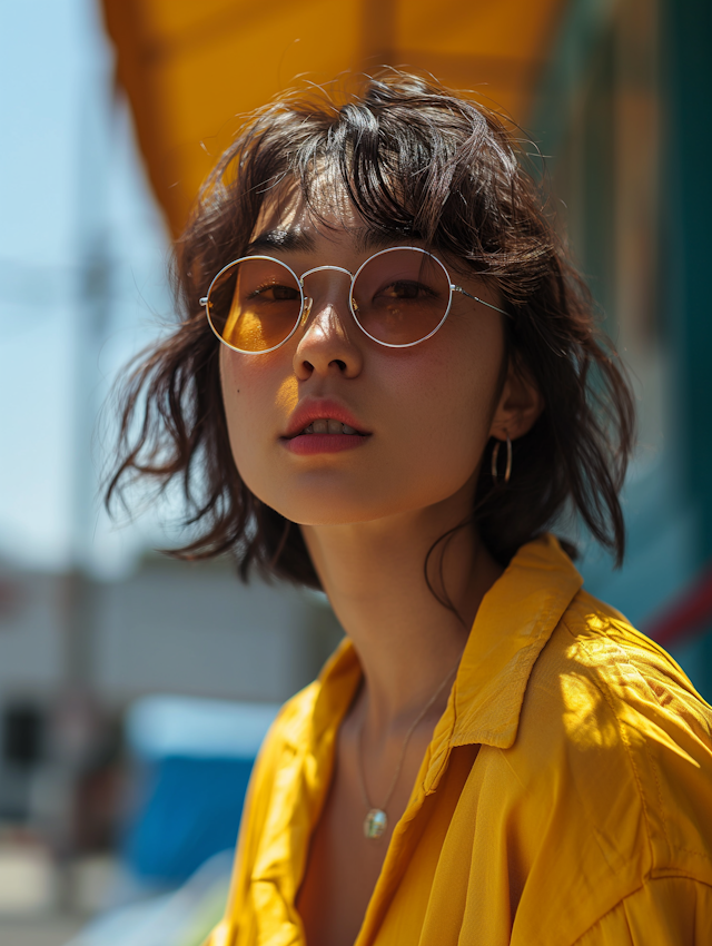 Sunlit Confidence: East Asian Woman with Retro Sunglasses