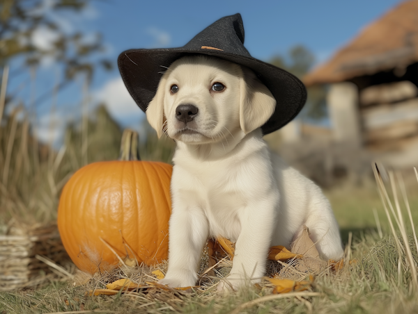 Puppy in Witch Hat with Pumpkin