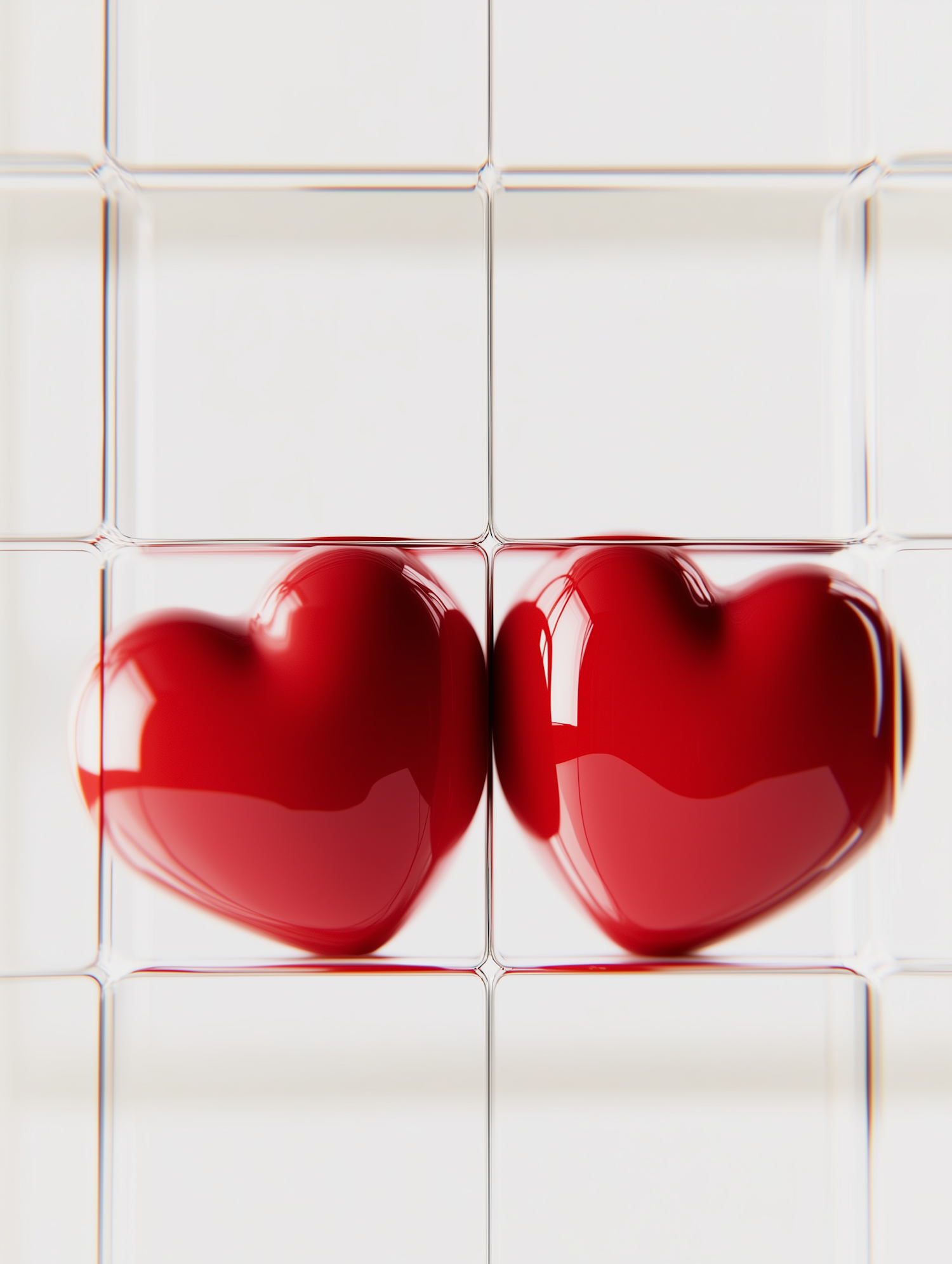 Glossy Red Hearts on Grid Background