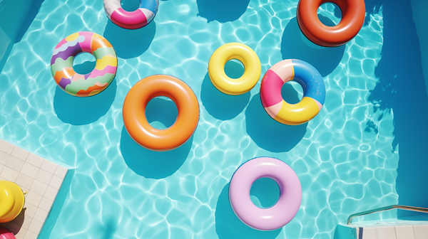 Colorful Inflatable Swimming Rings in Pool