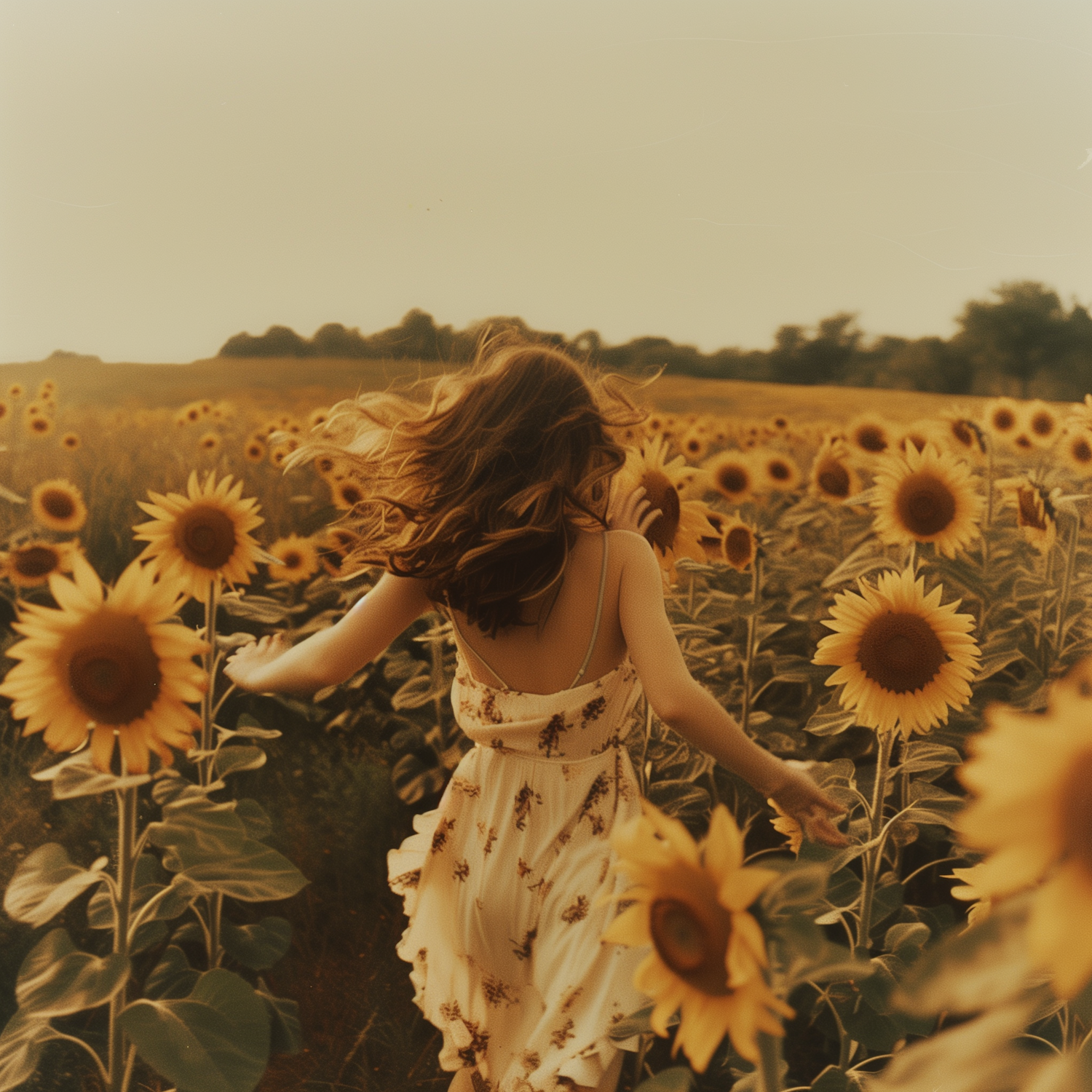 Joyous Woman Running Through Sunflower Field