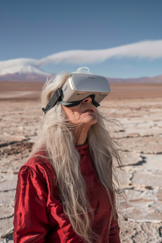 Elderly Woman in VR Headset in Desert