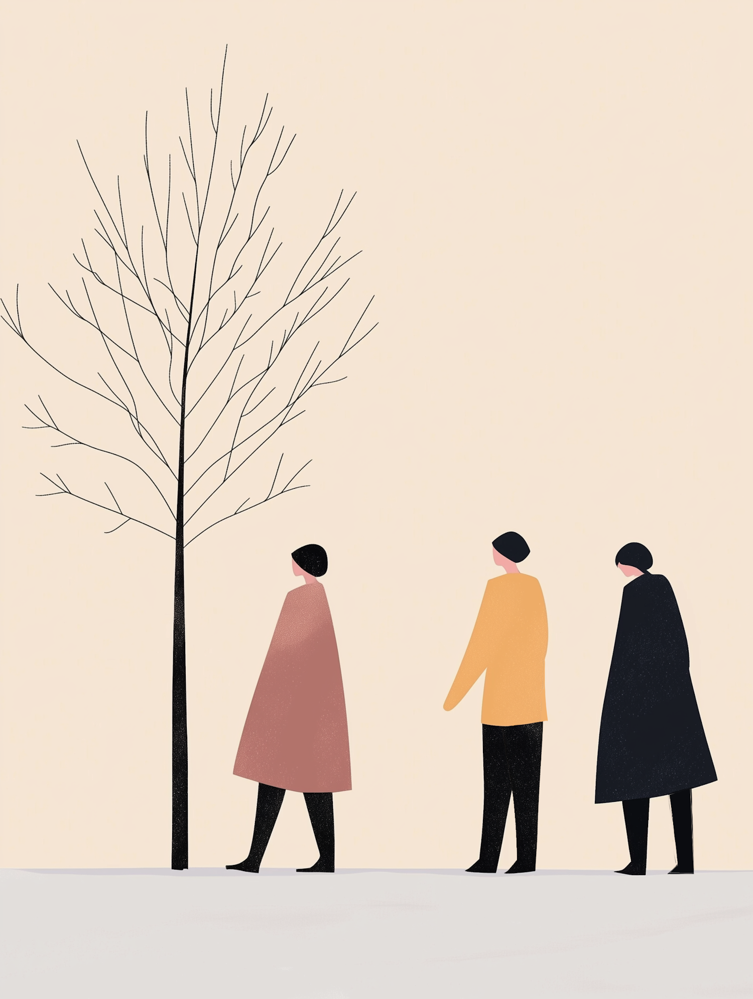 Minimalist Figures by a Tree