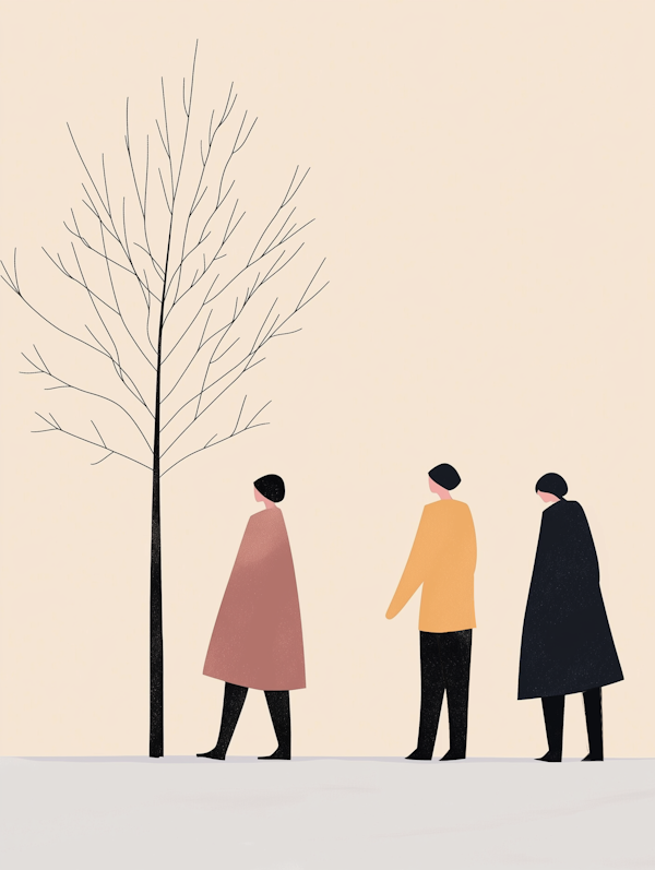 Minimalist Figures by a Tree