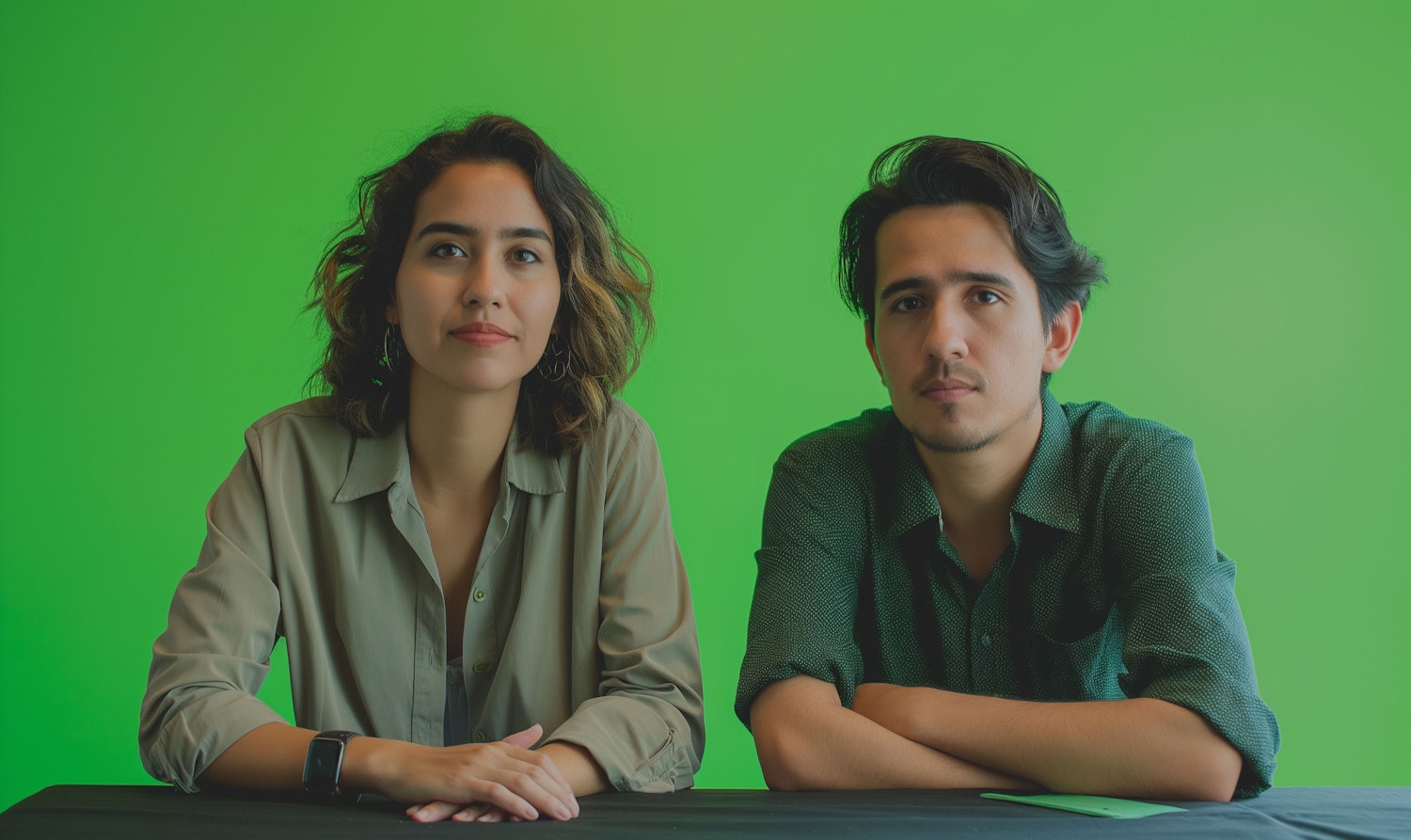 Two Individuals Seated with Green Background