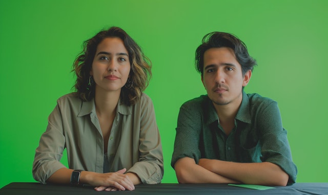 Two Individuals Seated with Green Background