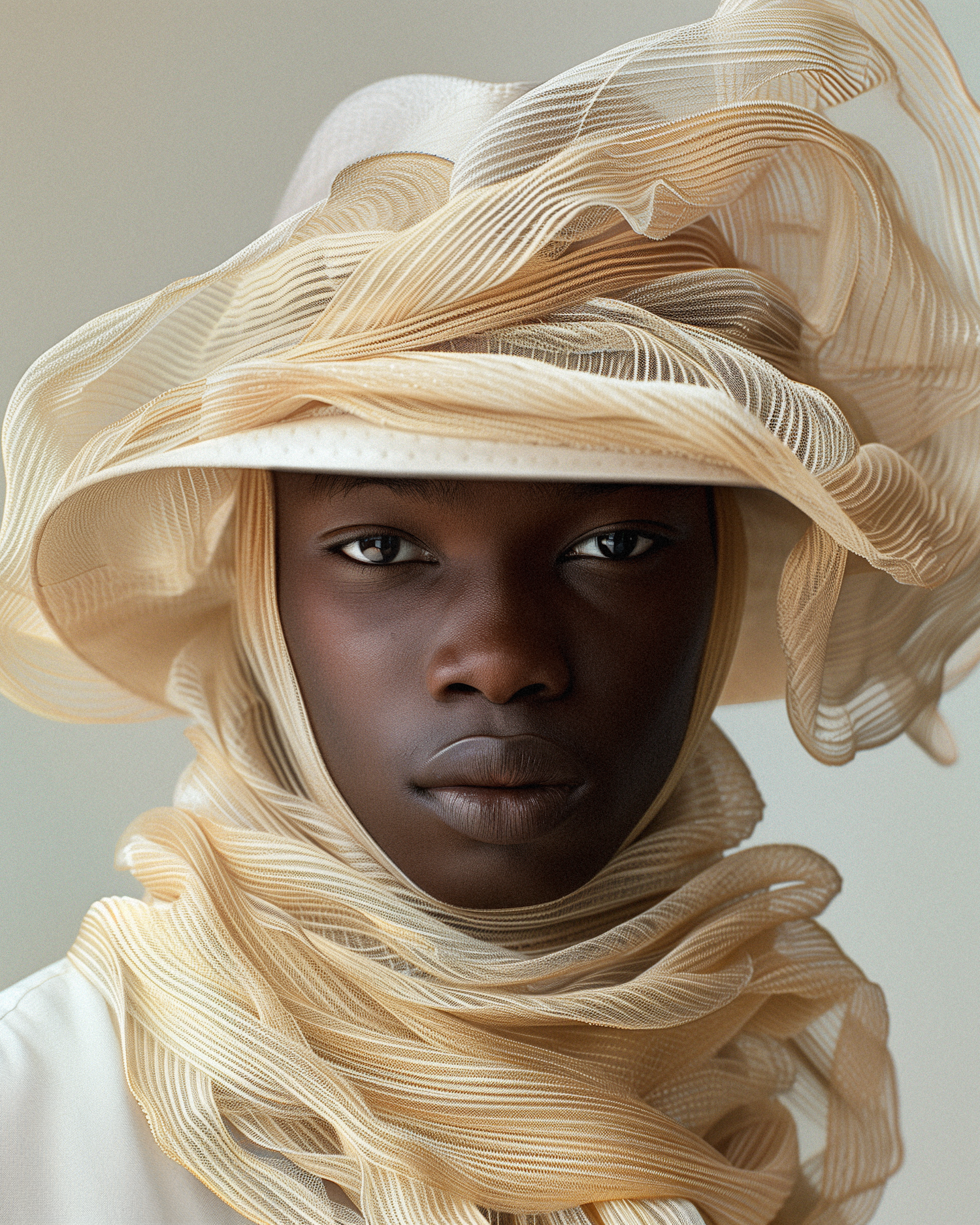 Elegant Portrait of Woman with Sculptural Hat and Veil