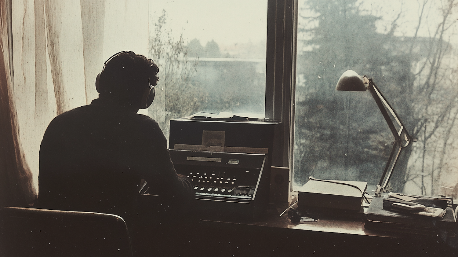 Person at Desk with Audio Equipment