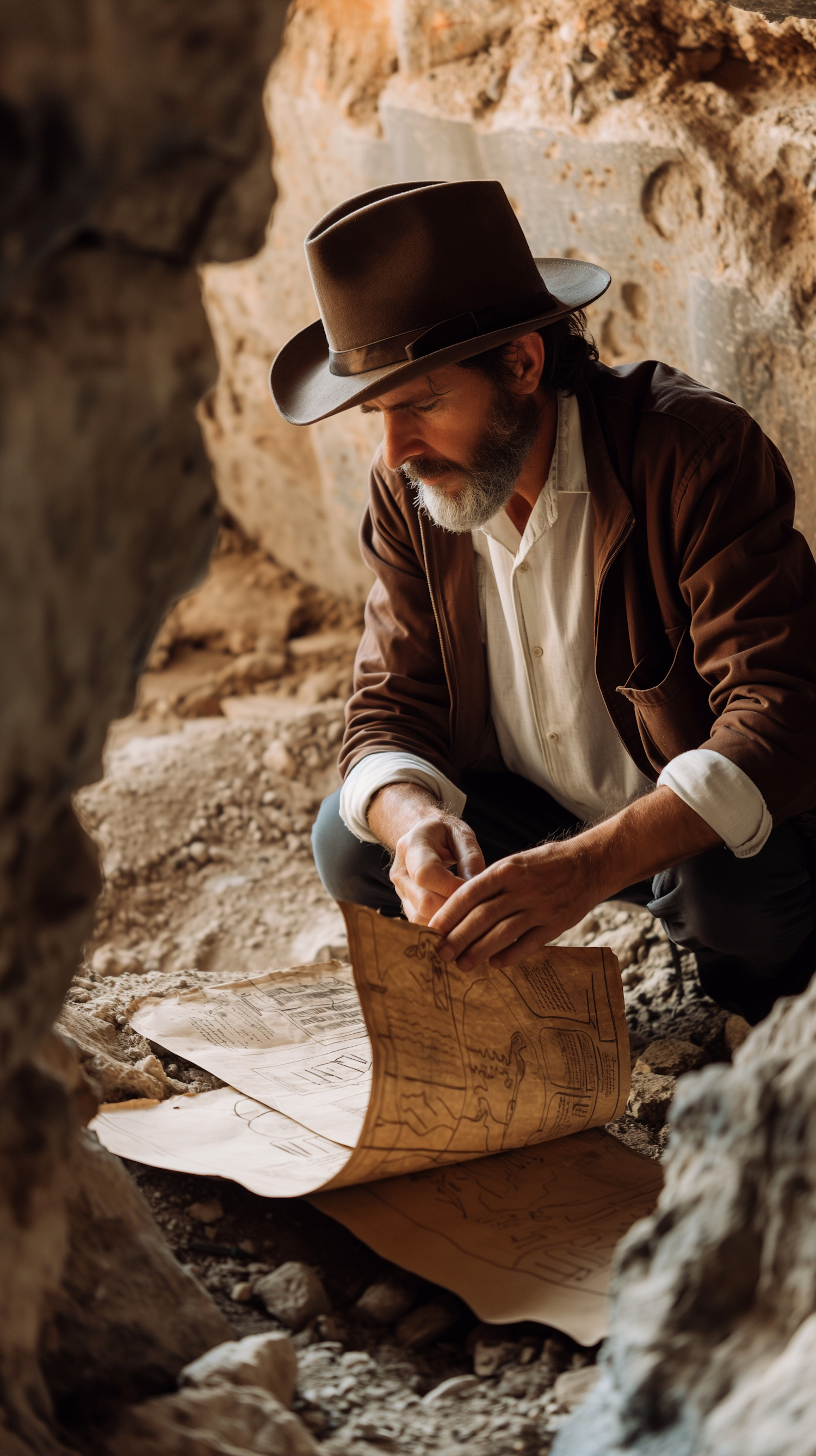 Explorer Studying Map in Rugged Terrain