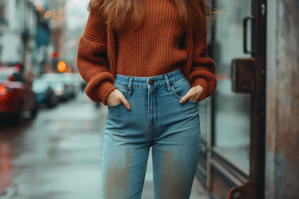 Confident Woman in Burnt Orange Sweater on City Street