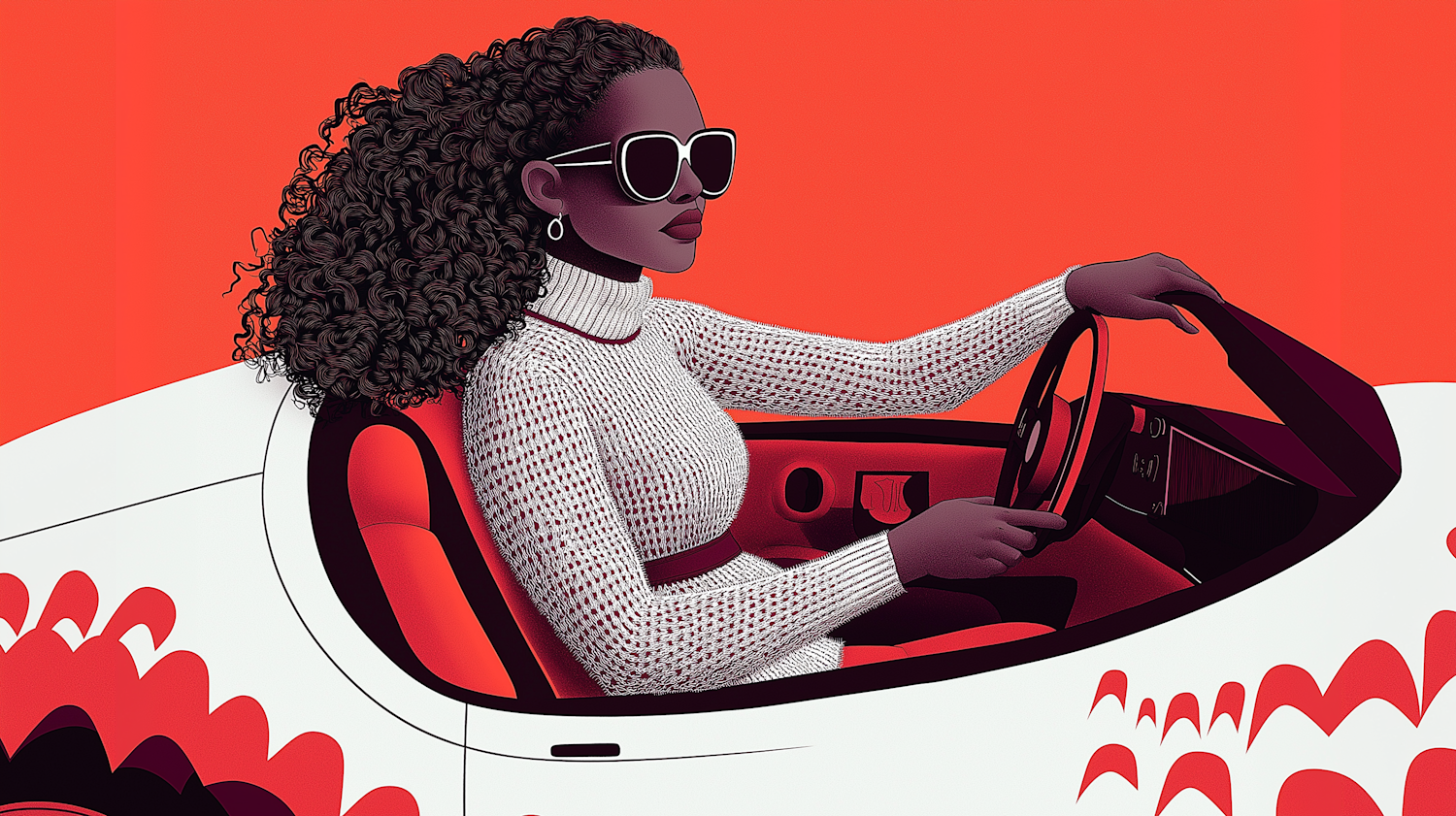 Stylish African Woman Driving White Car Illustration