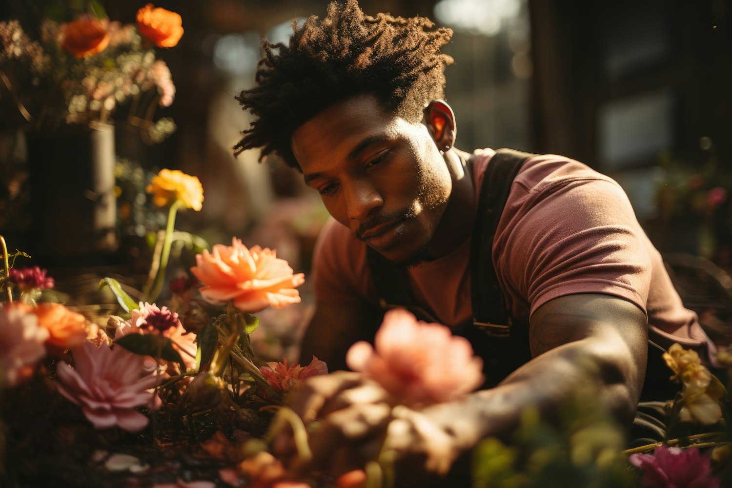 Contemplative Man with Flowers