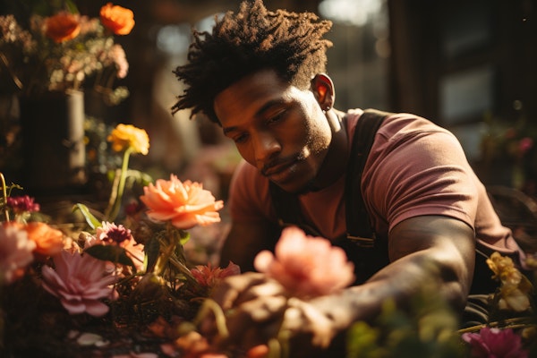 Contemplative Man with Flowers