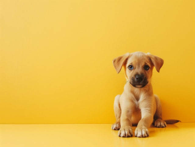 Playful Puppy Against Yellow Background