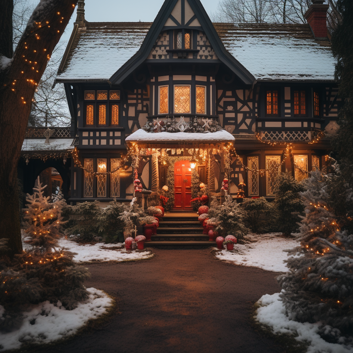 Twilight Christmas at the Tudor-Style Home