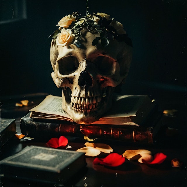 Skull with Roses and Book