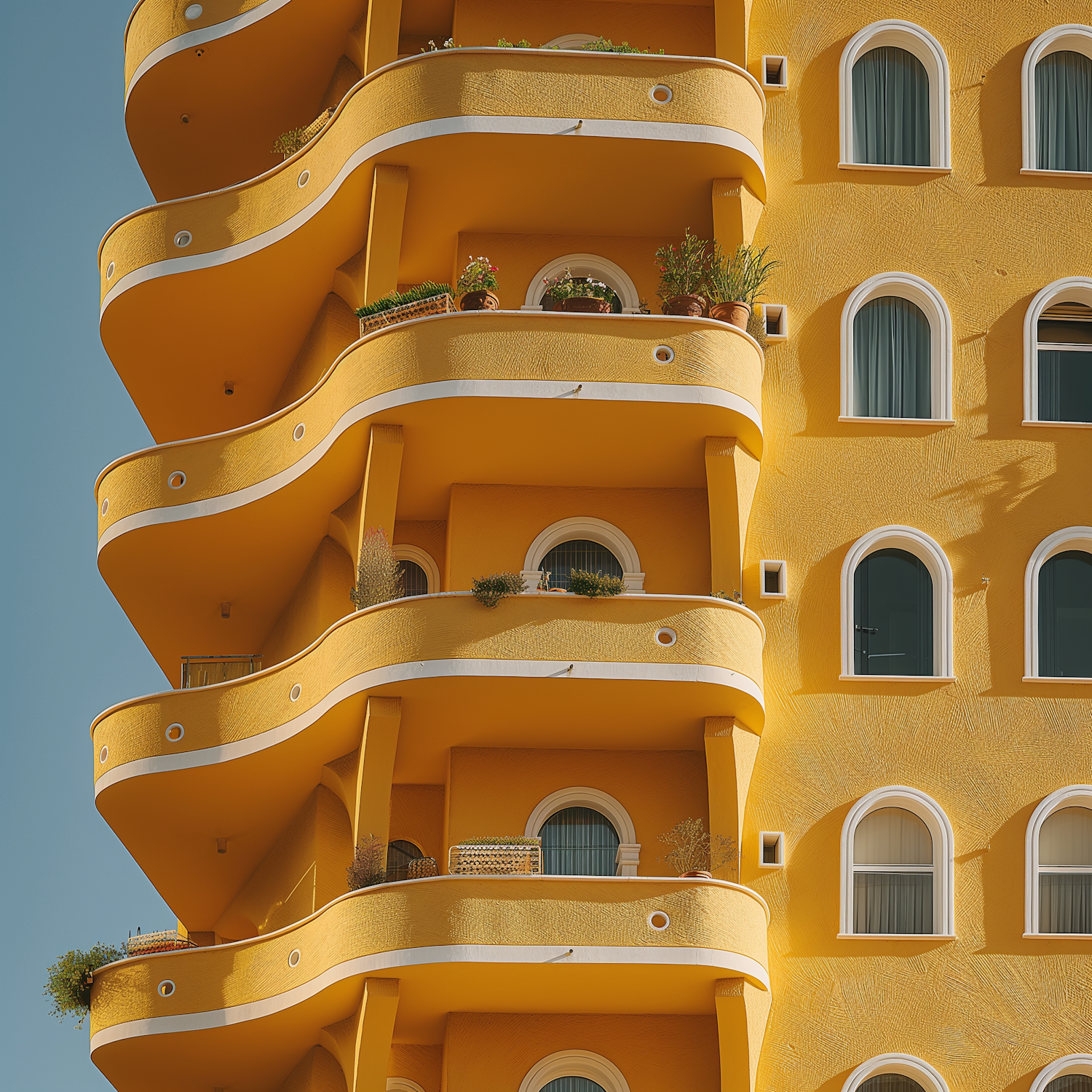 Curvilinear Balcony Architecture with Vivid Yellow Facade