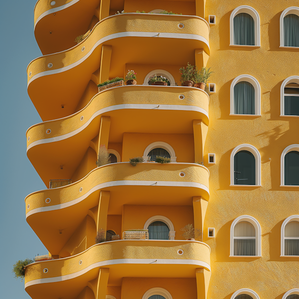 Curvilinear Balcony Architecture with Vivid Yellow Facade